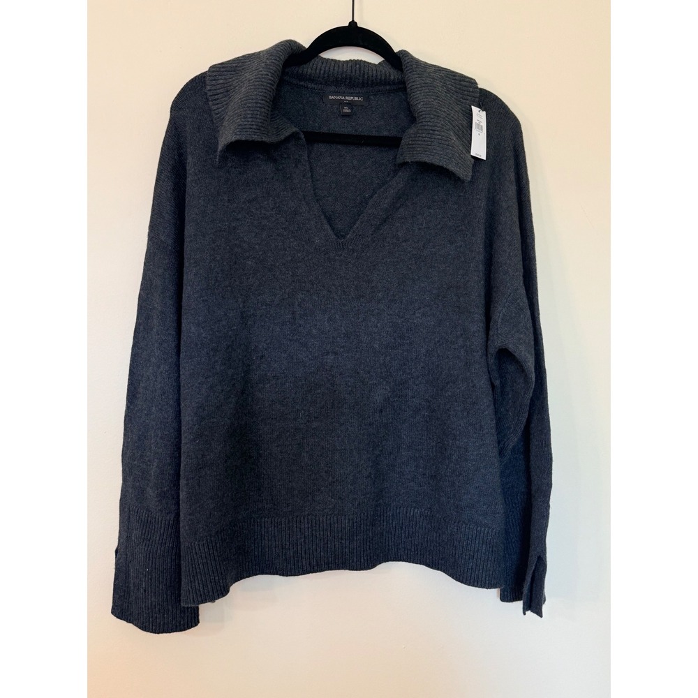 Banana Republic Women Charcoal Gray V-Neck Polo Sweater XL 768476-00-1
